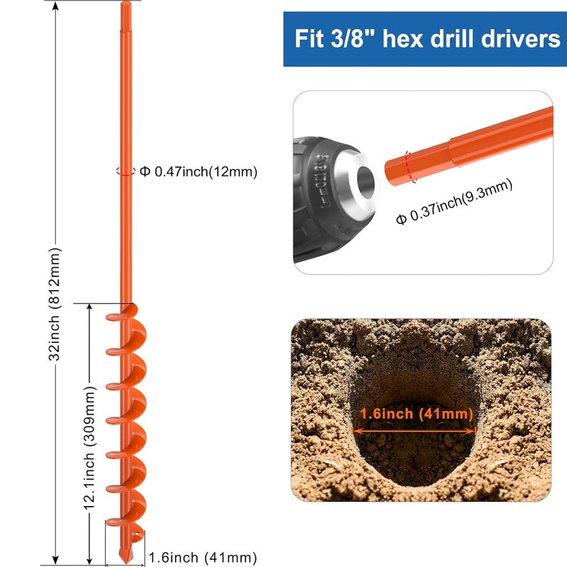 BeneLabel 1.6 X 32 inch Auger Drill Bit for Post Hole Digger Garden Hole Drill for Planting Fit for 3/8 Inch Hex Drive Drills Auger for Drills Bulb Planter Tool for Fence Post, Beach Umbrella Holes - Image 4
